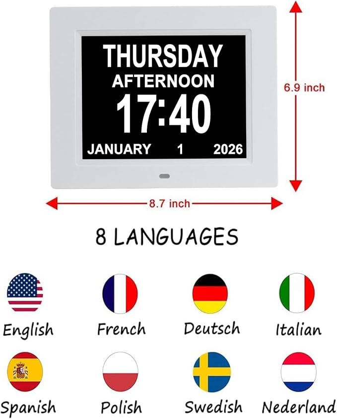 Aowasi 8 Alarms Digital Clock, Extra Large Display Wall Digital Day Calendar Clock with Non-Abbreviated Day & Month Alarm Clocks for Seniors Impaired Vision Dementia Elderly Alzheimer