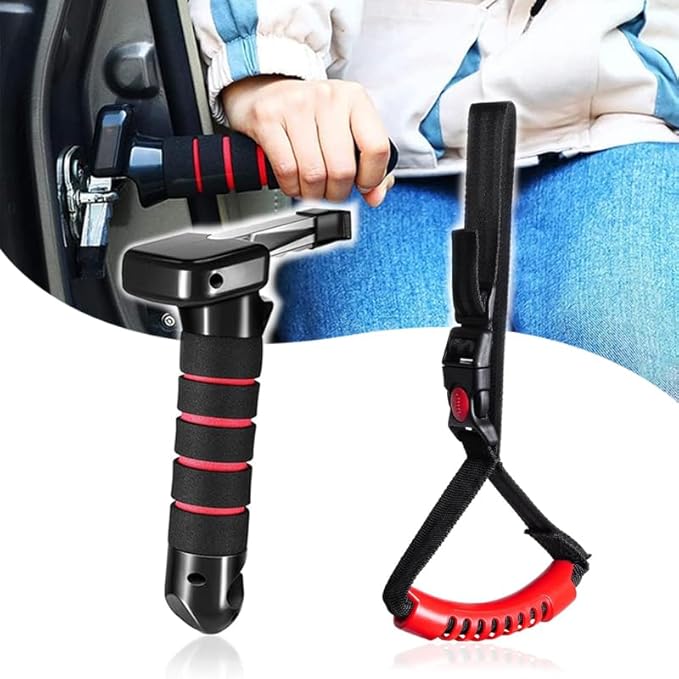 3 in 1 Vehicle Support Handles, Elderly Portable Automotive Door Assist Handle, Seatbelt Cutter and Window Breaker for Elderly and Handicapped (Red Handle)