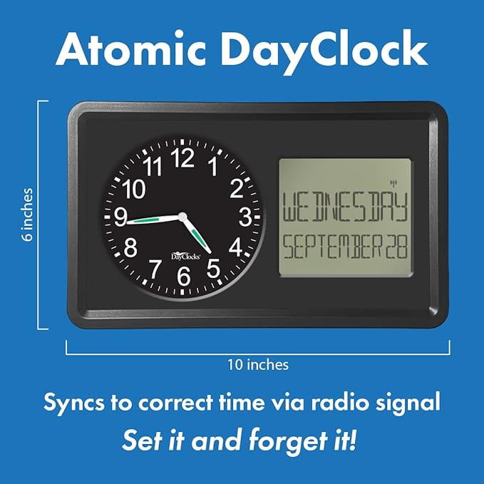 Atomic Combines Analog Time and Digital Display for Day and Date – 10” Display Alarm Clock - Battery Powered Soft Display - Black Frame