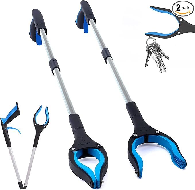 2 Pack Grabber Reacher Tool, 32'' Reaching Assist Tool, Foldable Claw Pick Up Stick, Trash Litter Picker, Hand Grabbers, Long Arm Extender(Blue)