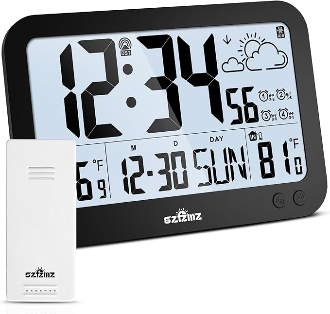 Atomic Clock,10" Digital Clock Large Display, Wall Clocks Battery Operated with Backlight, Wireless Outdoor Sensor, Alarm Clock Indoor Outdoor Temp, 4 Time Zones, Auto DST, Clock for Bedroom (Black)