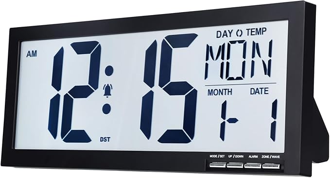 16 Inch Large Digital Wall Clock with Big Easy Read Numbers, Auto DST & Temperature, Jumbo Display with Date & Weekday, Simple Set, Battery Operated, for Living Room Office Classroom Gym or Seniors