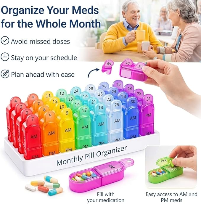 Monthly Pill Organizer Monthly 31 Day AM PM – Pill Sorter Monthly with Large Compartments, 2 Times Pill Container,Monthly Pill Holder for Vitamins, Supplements & Daily Medication