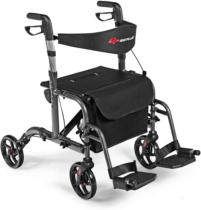 GOPLUS 2 in 1 Rollator Walkers for Seniors, Folding Rollator Walker with Seat, 8-inch Wheel Medical Drive Walker Wheelchair Combo with Backrest, Adjustable Handle for Adults, Aluminium Frame