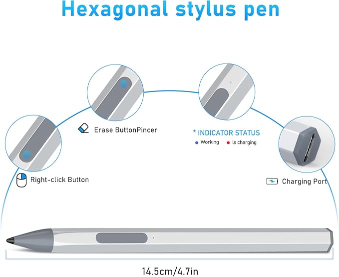 Stylus Pen for HP Envy X360 Pavilion X360 Specter X360 Spectre X2 Envy X2 Rechargeable MPP 2.0 Tilt Active Pen with 4096 Pressure Sensitivity, Palm Rejection, Hexagonal Pen Design, Silver