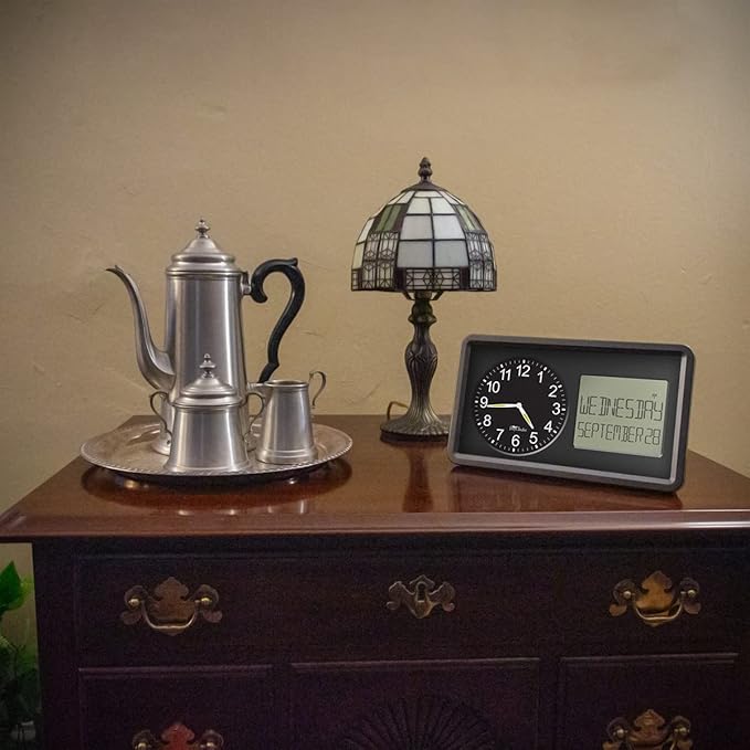 Atomic Combines Analog Time and Digital Display for Day and Date – 10” Display Alarm Clock - Battery Powered Soft Display - Black Frame