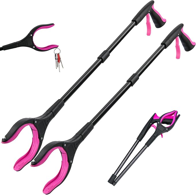 2-Pack 32" Grabber Reacher Tool, 360° Rotating Head, Wide Jaw, Foldable Reacher Grabber Pickup Tool,Anti-Slip Rotating Jaw with Magnet, 4" Wide Claw Opening Grabbers for Seniors (Purple)