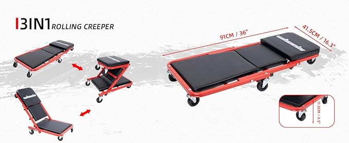 Mechanic Creeper 36-inch 3-in-1 Mode Z Seat 340lbs Capacity, Foldable Garage Adjustable Rolling Folding with 6pcs Wheels Roller, Lay Down Sit Lean Back, Under Car Auto Repair (Red Frame)