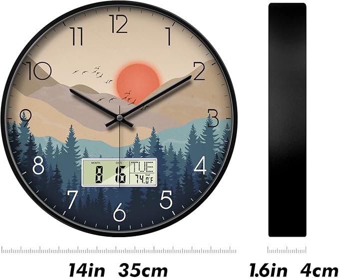 14'' Silent Non-Ticking Wall Clock, Mid-Century Modern Wilderness Sunset, Battery Operated Analog with LCD Date Day Temp Display, for Living Room Home Office Bedroom Garage Farmhouse Decor