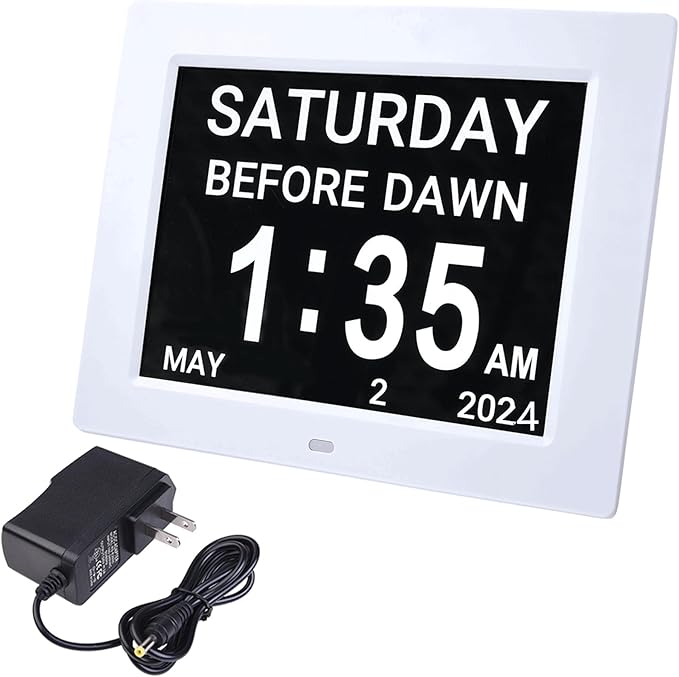 8 Inch LCD Digital Calendar Day Clock, Dementia Clock Large Digital Clock with 8 Alarm Settings Adjustable Brightness, High Resolution Alarm Clock for Seniors (White)