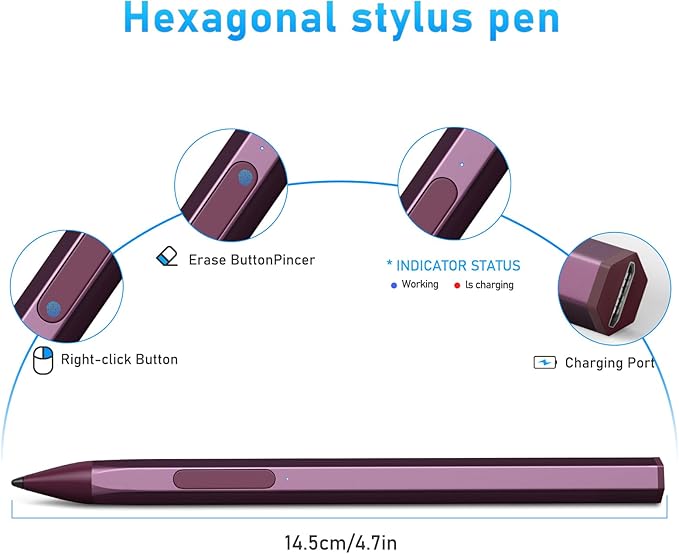 Stylus Pen for HP Envy X360 Pavilion X360 Specter X360 Spectre X2 Envy X2 Rechargeable MPP 2.0 Tilt Active Pen with 4096 Pressure Sensitivity, Palm Rejection, Hexagonal Pen Body Design, Red