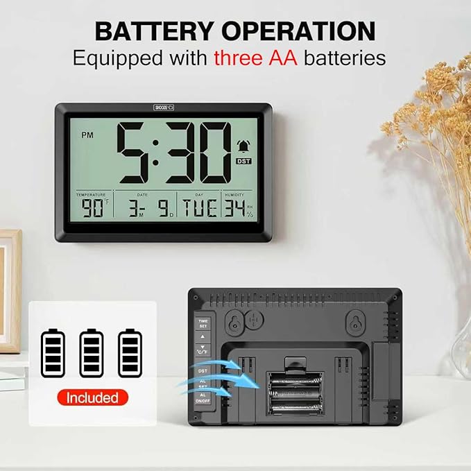 XREXS 10.4 Inch Digital Wall Clock, Battery Operated Large Display Clock, Digital Calendar with Indoor Temperature/Humidity/Date/Day, Auto DST for Classroom, Livingroom, Office(No Backlight)