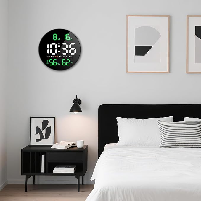 Large Digital Clock for Classroom, Digital Classroom Clocks for Teachers, 10" Round LED Clock with Large Display，Date, Countdown Timer, Remote Control, Temperature, Electric (Green)