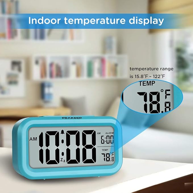 Peakeep Night Light Digital Alarm Clock Battery Operated with Indoor Temperature, Desk Small Clock (Blue)
