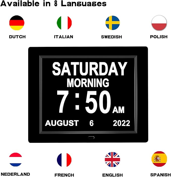 Medication Reminder Day Date Time of The Week Clock Digital Calendar Dementia for Seniors Elderly Impaired Vision Memory Loss Clock