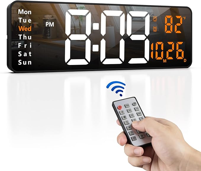 Zgrmbo 16" Large Digital Wall Clock with Remote, Large Display LED Wall Clock for Living Room/Gym/Shop/Warehouse/Office Decor, 12/24H, Auto Dimming, Timer