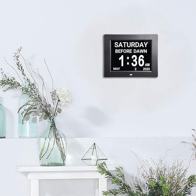 Yescom 8 Inch Large Digital Calendar LCD Day Clock for Elderly, 8 Alarms Options Dimmable Dementia Clock for Seniors Day & Date w/Large Number,Easy to Read, Home Wall Table Black