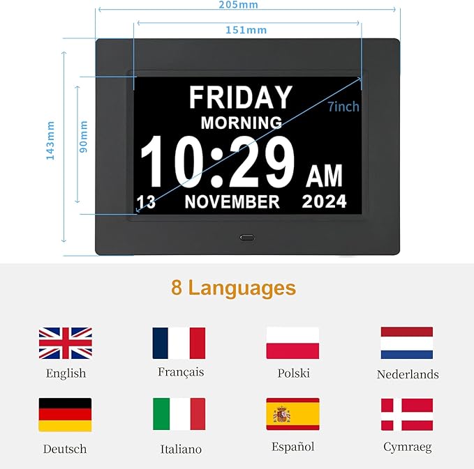 Aowasi Digital Calendar Clock, 12 Custom Alarm Options, Calendar Clock with Day and Date Display 7-Inch Large Display, Digital Clock for Seniors Dementia Alzheimer Memory Loss Vision Impaired Elderly