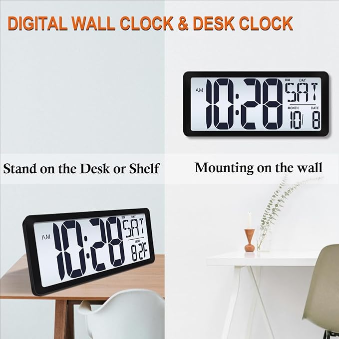 15 Inch Large Rechargeable Digital LCD Wall Clock with Backlight Glow in the Dark,Night Light Wall Clock with Week,Date & Temperature,DST,Alarm Display for Living Room, Bedroom, Gift for Elderly