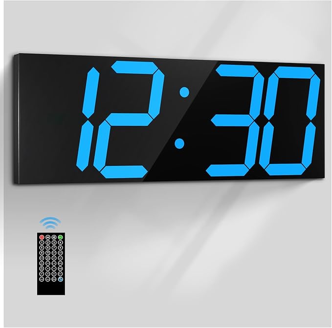 CHKOSDA 18.7in Large Digital Wall Clock,LED Digital Clock with Big Number,Multi-Function Remote Controlled Wall Clock with Timer, Alarm and Calendar Display(Blue)