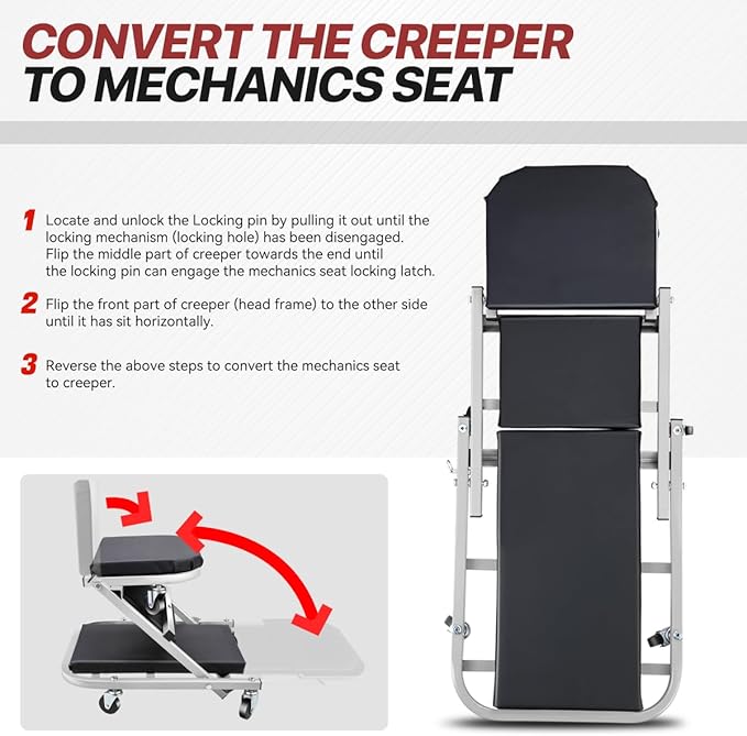 Foldable Creeper, 2-in-1 Rolling Garage Z Creeper Car & Seat, 40" Roller Mechanics Under Car Chair, 330 LBS Weight Capacity Heavy Duty, Silver/Black