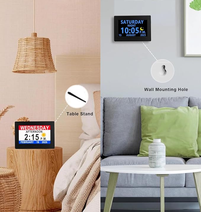 Véfaîî Upgraded Large Digital Calendar Clock with Day Night Icons for Elderly, 20 Custom Reminders, Auto DST, 10 Levels Night Dimmer, 8 Colors 3 Display Modes,10 Levels Volume, 7" Black with Remote