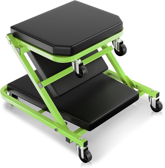 Auto Dynasty 36" Z-Creeper Seat, 2-in-1 Foldable Garage Creeper Shop Seat, 330 LBS Capacity Automotive Mechanic Repair Under Car Rolling Creeper Seat, Green