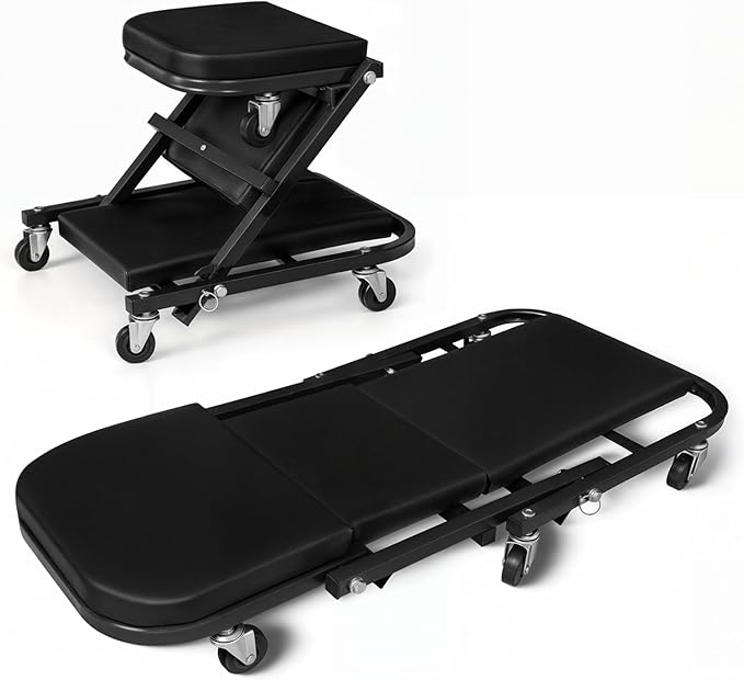 Magshion 36" Z-Creeper Seat Foldable Under Car Creeper, 330 lbs Capacity All-in-One Adjustable Roller Garage Chair Lay Down or Sit, 6 Wheels (Black)