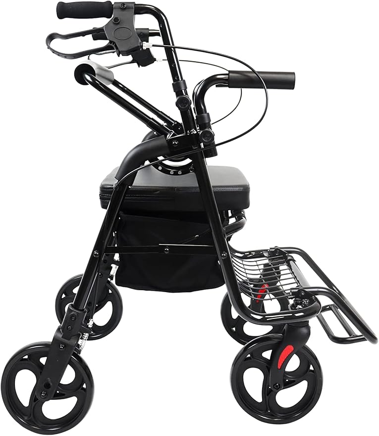 KMINA 2 in 1 Rollator Walker Wheelchair Combo for Smooth Terrain, Foldable Aluminum Rollator with Footrests and Pressure Brakes, Convertible to a Transport Chair, Black