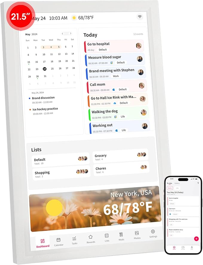 Moonka 21.5" Wall Planner Digital Calendar & Chore Chart, Smart Full HD Touchscreen Interactive Display for Family Schedules, To Do List, Meal Planner, Great for Organizing Your 2026 Calendar