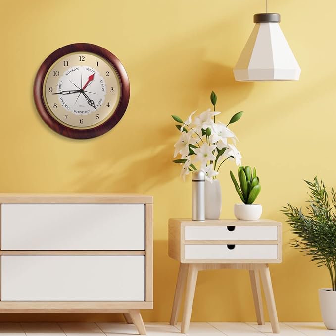Time & Day of The Week Wall Clock with 13.5” Walnut Accent Frame – – Ideal Retirement Gift for Men and Women, Day Clock for Seniors and Retirees