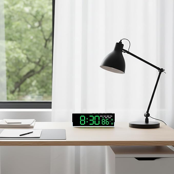 45MinST 7-Inch LED Digital Alarm Clock with Bottom Glow Light｜Displays Time, Date, Day, Temperature｜Dual Alarms, DST, Auto/Manual 3-Level Brightness, Battery or USB Powered Desk Clock,Green