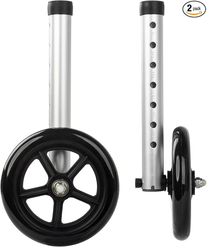 2-Pack Walker Wheels Replacement with Precision Ball Bearings, 6-Inch All-Terrain Wheels for Walkers with Outward-Angled Legs, 7-Level Height Adjustable, 350lbs Heavy Duty, Slip-Resistant Traction