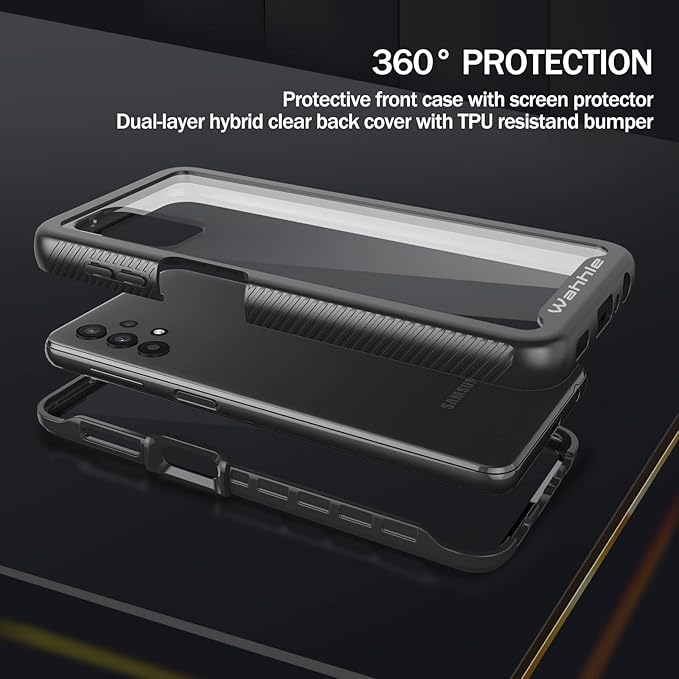 wahhle Compatible with Samsung Galaxy A32 5G Case, Built in Screen Protector Full Body Shockproof Slim Fit Bumper Protective Phone Cover for Samsung A32 5G Men Women-Black/Clear