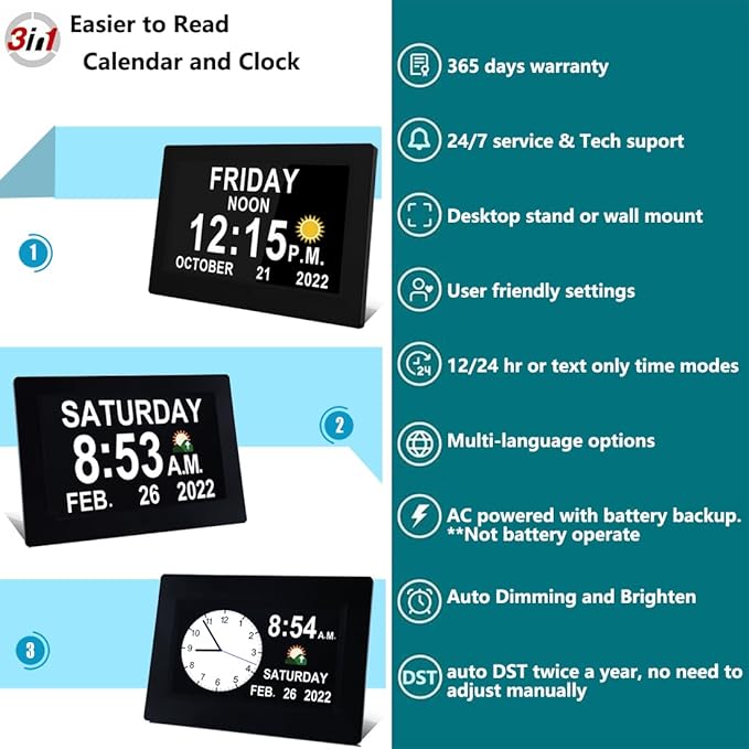 【Upgraded】27 Alarms Digital Talking Clock with Day and Date, Custom Reminders, 1280*800p HD Dsiplay, 10-Levels Dimmer, Auto DST, Sleep Trainer for Elderly Dementia, Voice-Talking with Remote