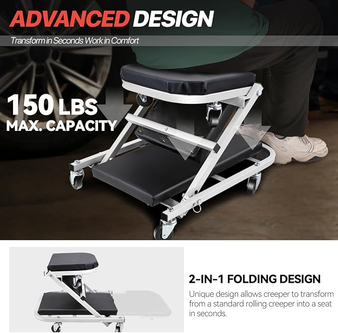 Foldable Creeper, 2-in-1 Rolling Garage Z Creeper Car & Seat, 40" Roller Mechanics Under Car Chair, 330 LBS Weight Capacity Heavy Duty, Silver/Black
