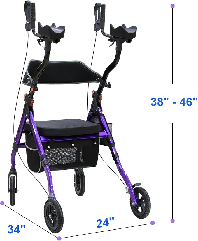 BlessReach Heavy Duty Upright Rollator Walker for Seniors, 450lb Capacity, 6 Height Adjustments, 8" All-Terrain Wheels, Padded Seat & Backrest, Easy Assembly, Foldable Design (Purple)