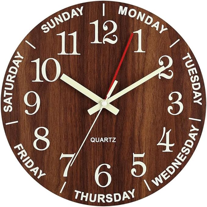 Wall Clock 12 Inch Brown Weekly Wall Clock Silent Battery Operated Luminous Hands Retirement Elderly Wooden Glow in The Dark Clock