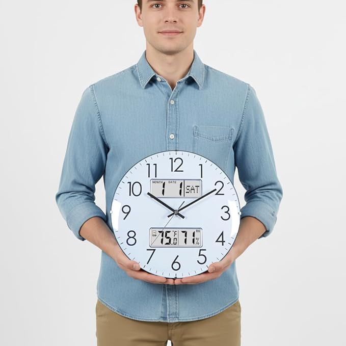 Nbdeal 13-Inch Analog Silent Wall Clock with Calendar Temperature & Humidity (White)