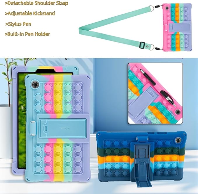 Silicone Tablet Case with Stand/Shoulder Strap/Stylus Pen Soft Cover Compatible with Lenovo Tab One/K9 8.7" Deepblue