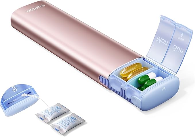 Vaydeer Metal Travel Pill Organizer – Compact Weekly Pill Box for Daily Medication – Portable Small Pill Case for Vitamins, Pills & Supplements (Rose Gold)