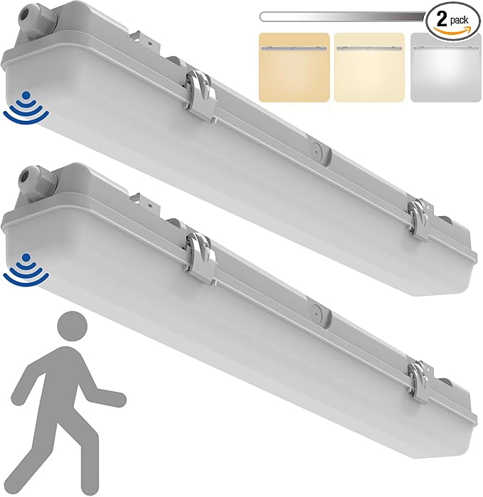 2FT Vapor Tight Light with Tri-Level Motion Sensor, IP65 IK08, 10W(1250lm)/20W(2500lm), 3/4/5000K CCT, 100-277V, Dimmable, Outdoor Waterproof Shop Light, Vapor Proof Lighting Fixture, FCC, 2-Pack