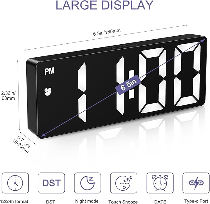 Digital Clock, Alarm Clocks with 6.5' Large Display, Touch Snooze, LED Desk Clock with 4 Adjustable Brightness, 12/24H, Digital Alarm Clock with DST, Easy to Set for Home, Office, Gifts