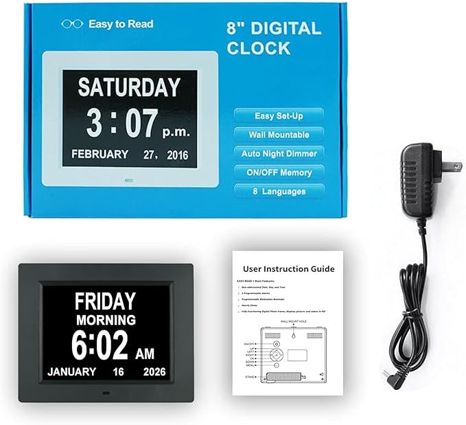 Aowasi 8 Alarms Digital Clock, Extra Large Display Wall Digital Day Calendar Clock with Non-Abbreviated Day & Month Alarm Clocks for Seniors Impaired Vision Dementia Elderly Alzheimer