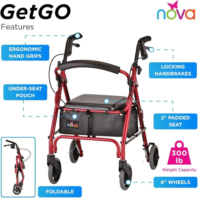 NOVA GetGo Petite Narrow Rollator Walker for Seniors, Lightweight Folding Rolling Walker with Seat, Lock N Load for Easy Transport & Storage, Adjustable Fit 4'10"–5'4", Red