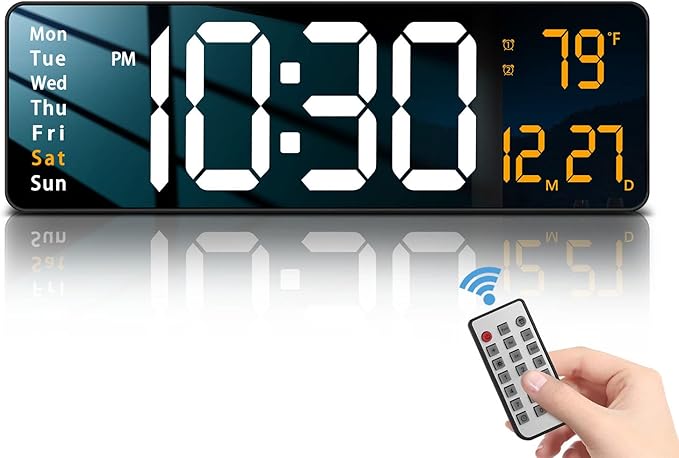 JoFomp Modern 16" Large Digital Wall Clock with Remote Control, LED Display, Auto-Dimming, Countdown, Temperature, Calendar - 12/24Hr Format - Silent Wall Clock for Home, Office, or Gym Use (Orange)
