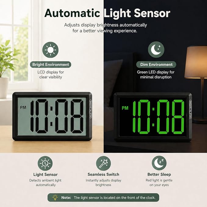 KWANWA Digital Alarm Clock, 3.8-inch Extra Large LED/LCD Digits, Battery or USB Powered, Auto Light Sensor for Day/Night, Wall Clock & Desktop Stand for Seniors, Bedroom, Office, Living Room