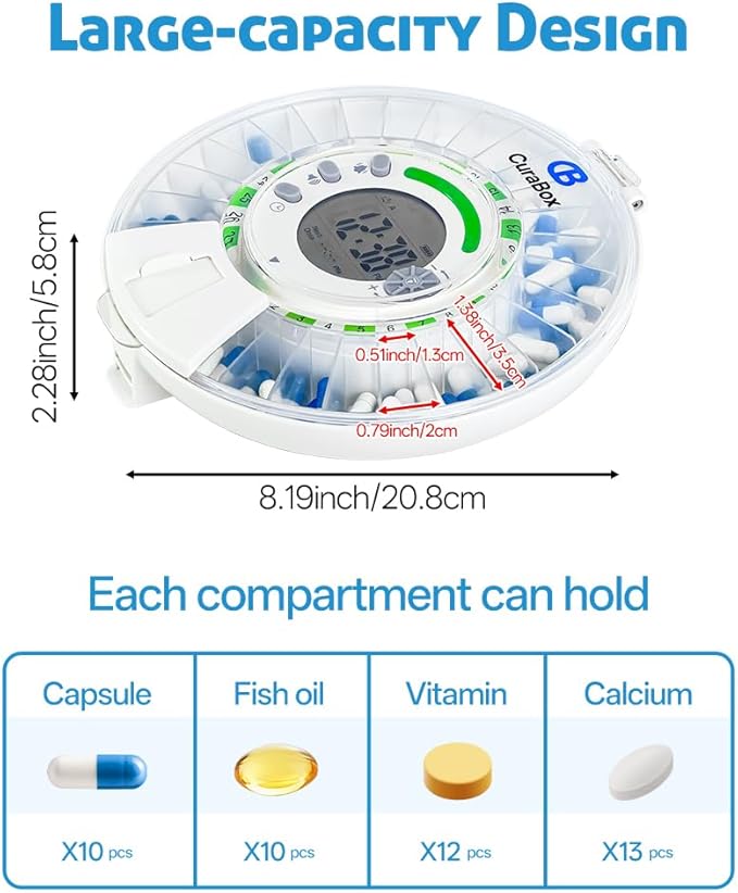 28-Day Automatic Pill Dispenser with Alarm & Light Alerts, Clear LCD Display, Key Lock, Smart Medication Organizer for Seniors, Alzheimer’s Care, for Multiple Vitamins, Supplements or Prescriptions