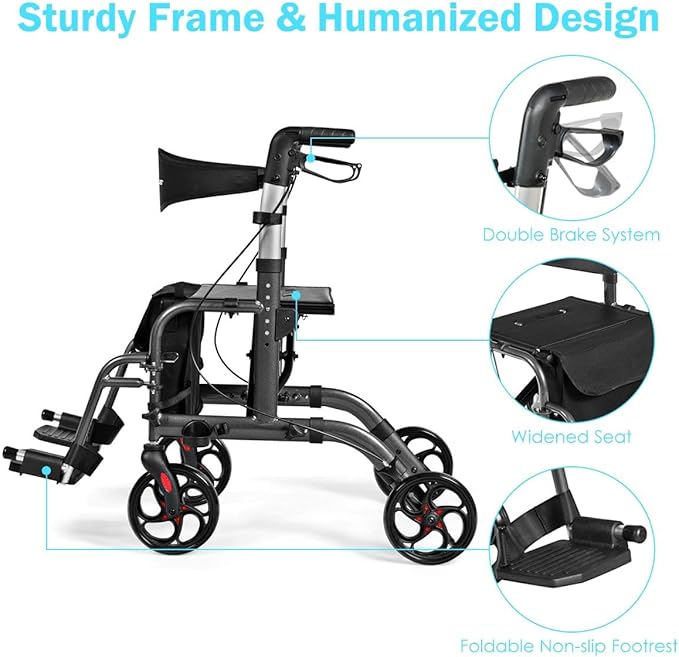 GOPLUS 2 in 1 Rollator Walkers for Seniors, Folding Rollator Walker with Seat, 8-inch Wheel Medical Drive Walker Wheelchair Combo with Backrest, Adjustable Handle for Adults, Aluminium Frame