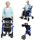 2 in 1 All Terrain Compact Travel Rolling Walker with Ergonomic Seat & Brakes - Lightweight Foldable Rollator for Seniors & Adults - Adjustable Height & Detachable Footrest Included (Blue)